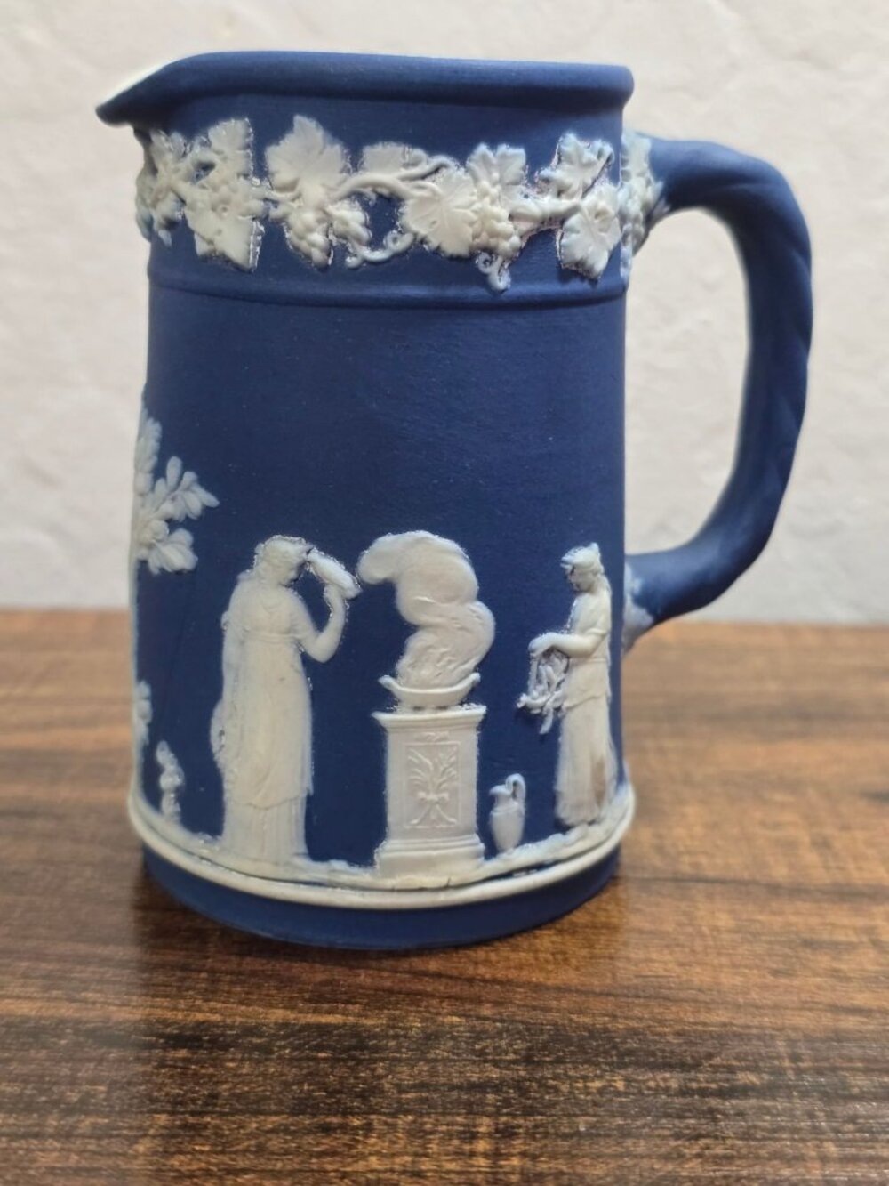 Antique Wedgwood Cobalt Blue & White Jasperware Pitcher With Greek Revival READ